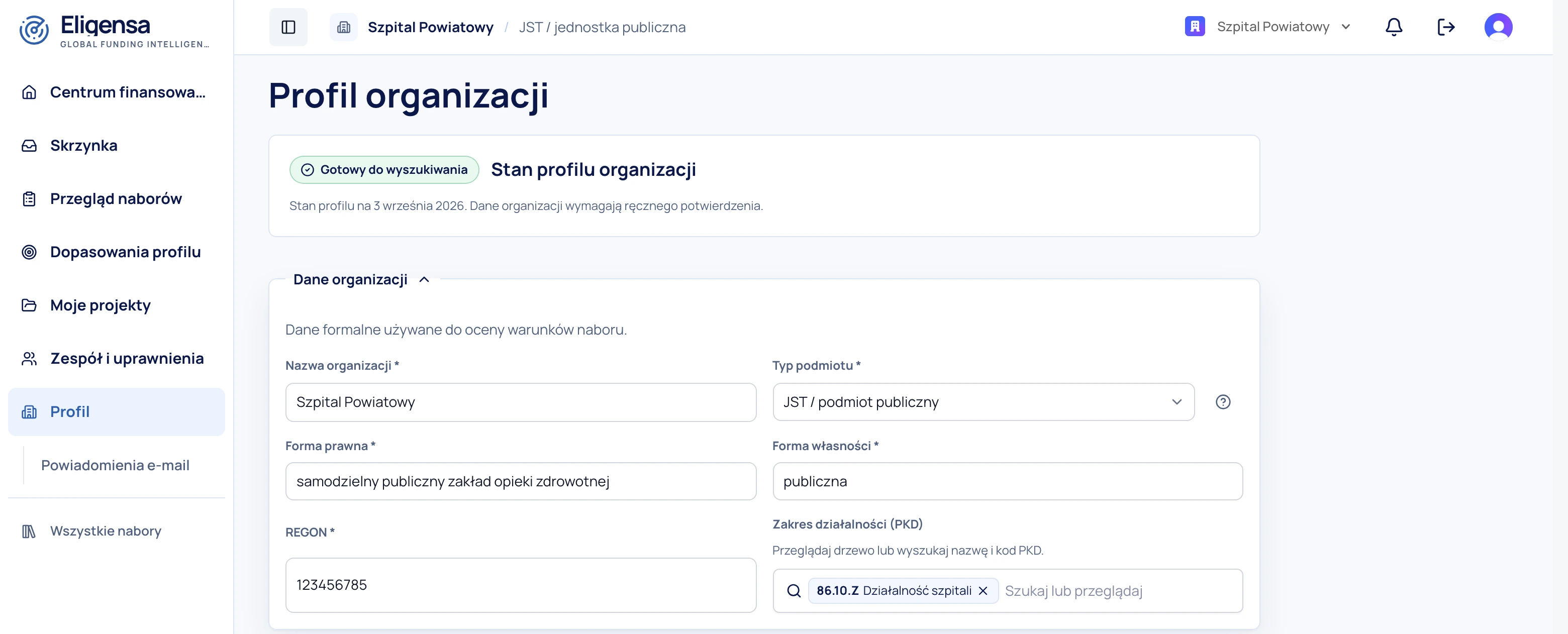 Profil organizacji w aplikacji Eligensa ze statusem gotowości do wyszukiwania naborów